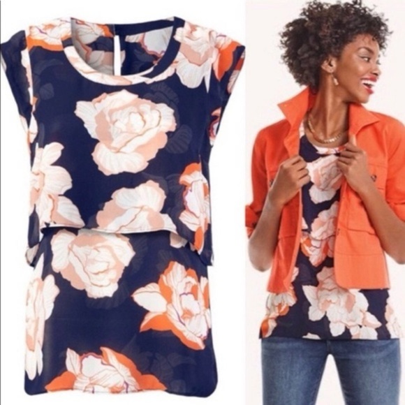 CAbi Tops - CABI.Floral Navy & tangerine Blouse Top,boho,large blossom flattering layers,SZM